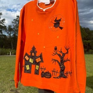 Halloween Fall Orange Sweatshirt with Spooky Appliqués Long Sleeves Size XL